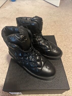 CHANEL Black Quilted Leather High-Top Lace Boots